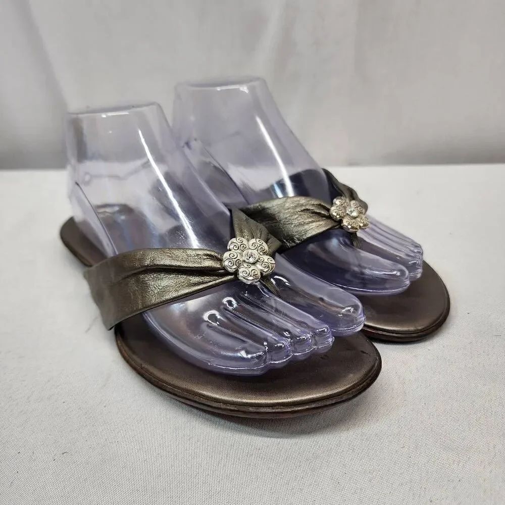 Brighton Party Metallic Grey Leather Flip Flop Slide Sandal Size 8